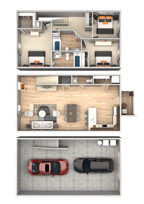 A top, a middle, and a bottom floor plan of a house with a car parked in the garage.